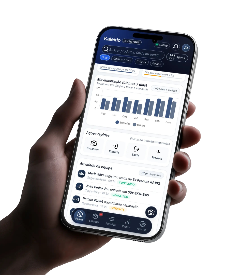 Aplicativo de gestão de inventário Kaleido exibido em um smartphone